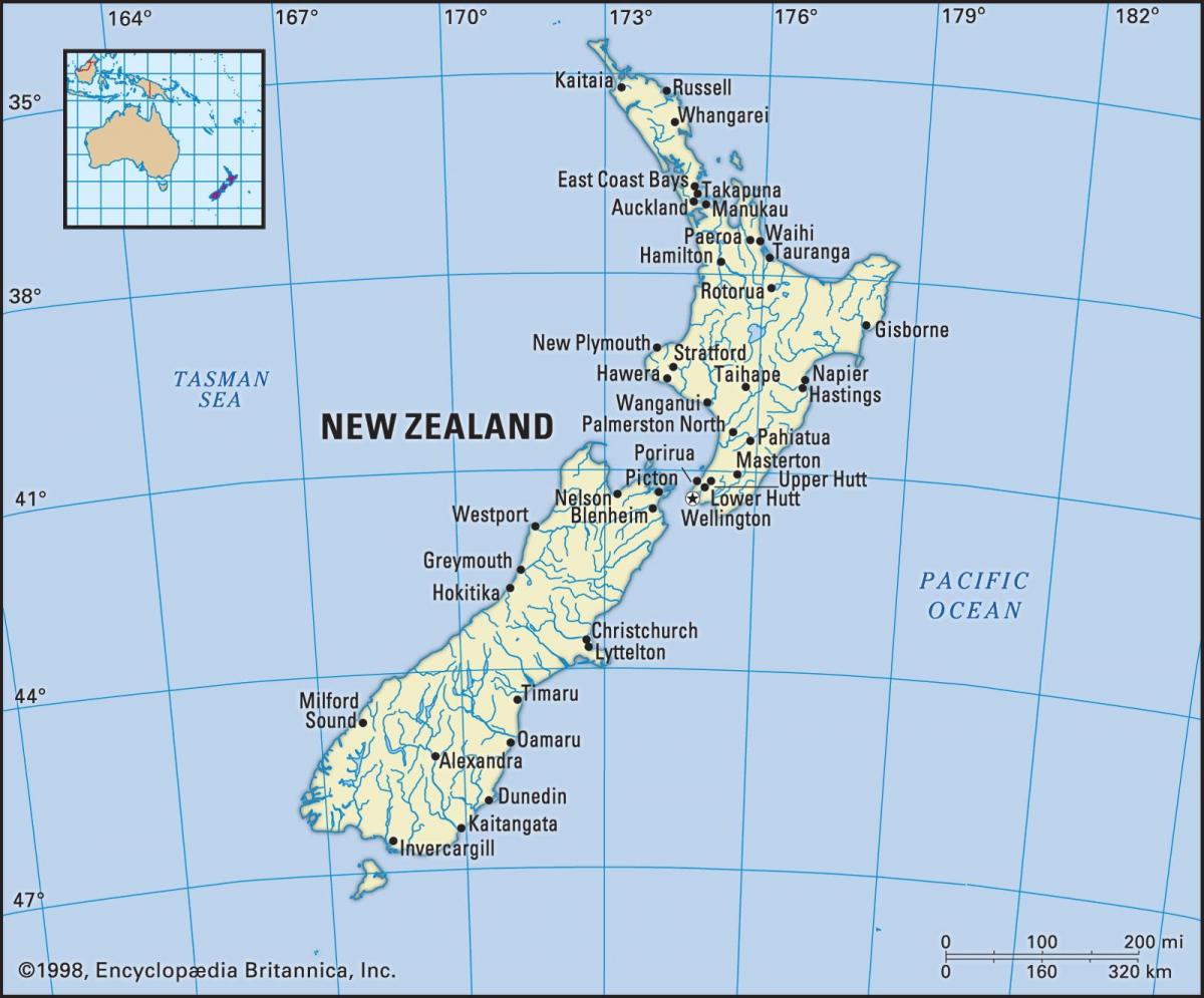 Kaart van Nieuw-Zeeland met de belangrijkste steden
