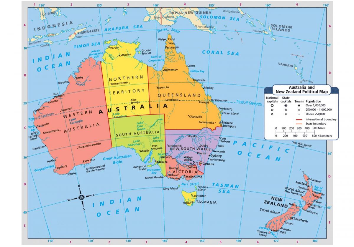 Kaart van Nieuw-Zeeland en aangrenzende landen
