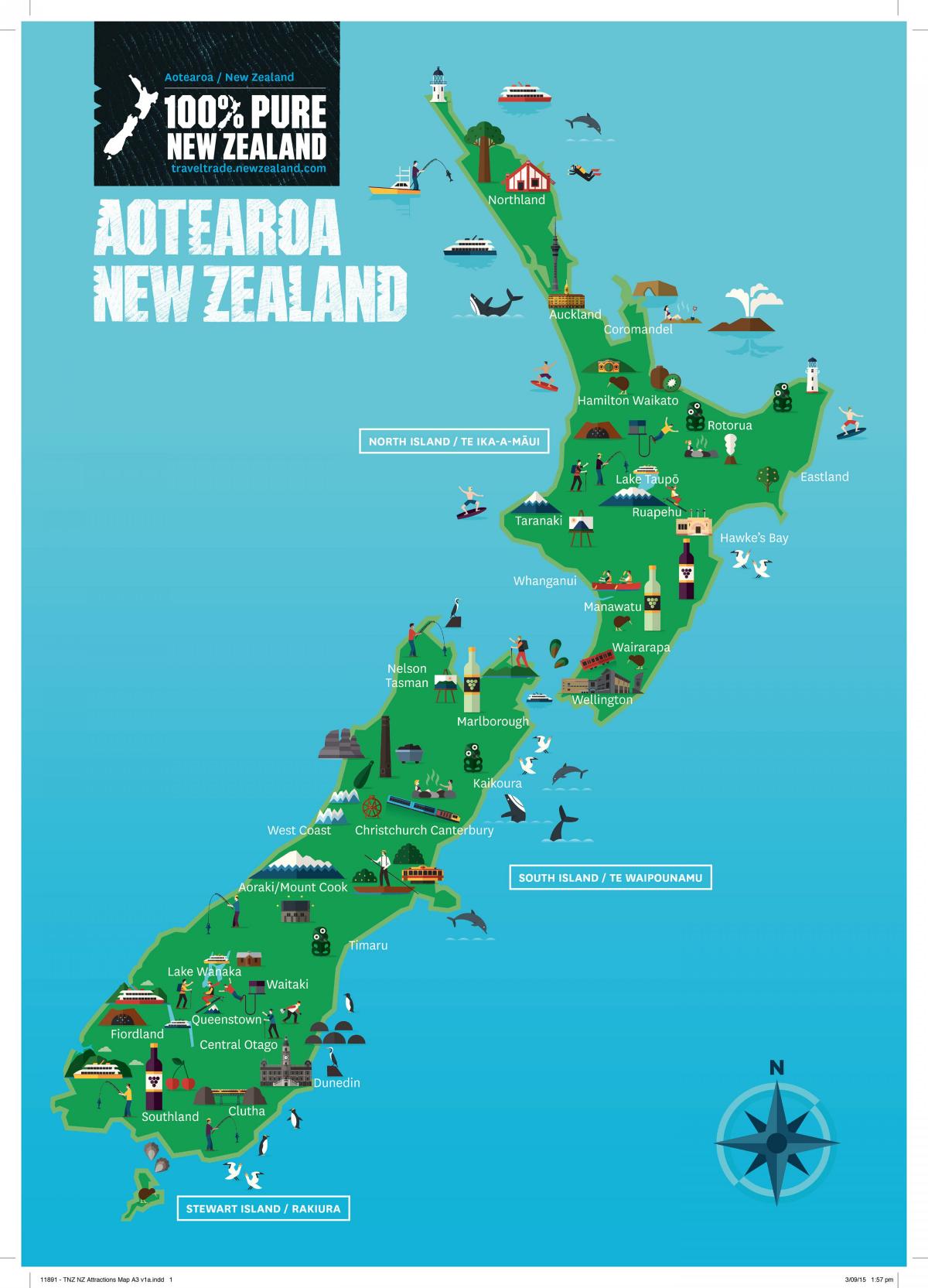 Kaart met toeristische attracties in Nieuw-Zeeland