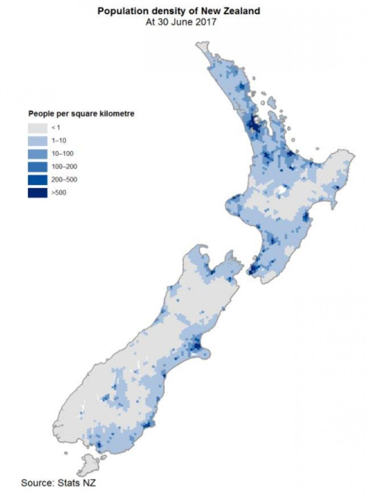 De dichtheidskaart van Nieuw-Zeeland