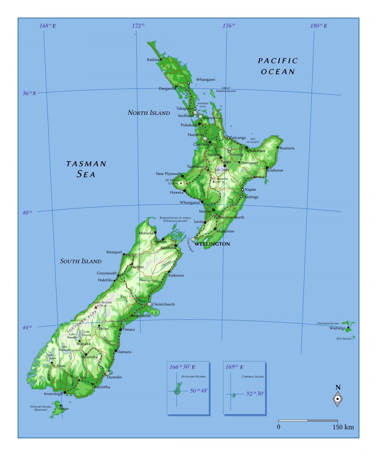 Hoogtekaart Nieuw-Zeeland