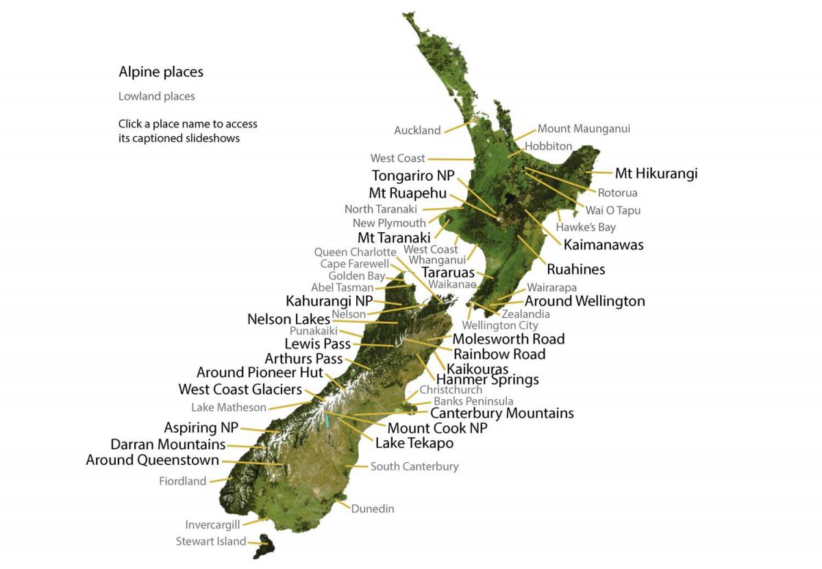 Bergen in Nieuw-Zeeland kaart