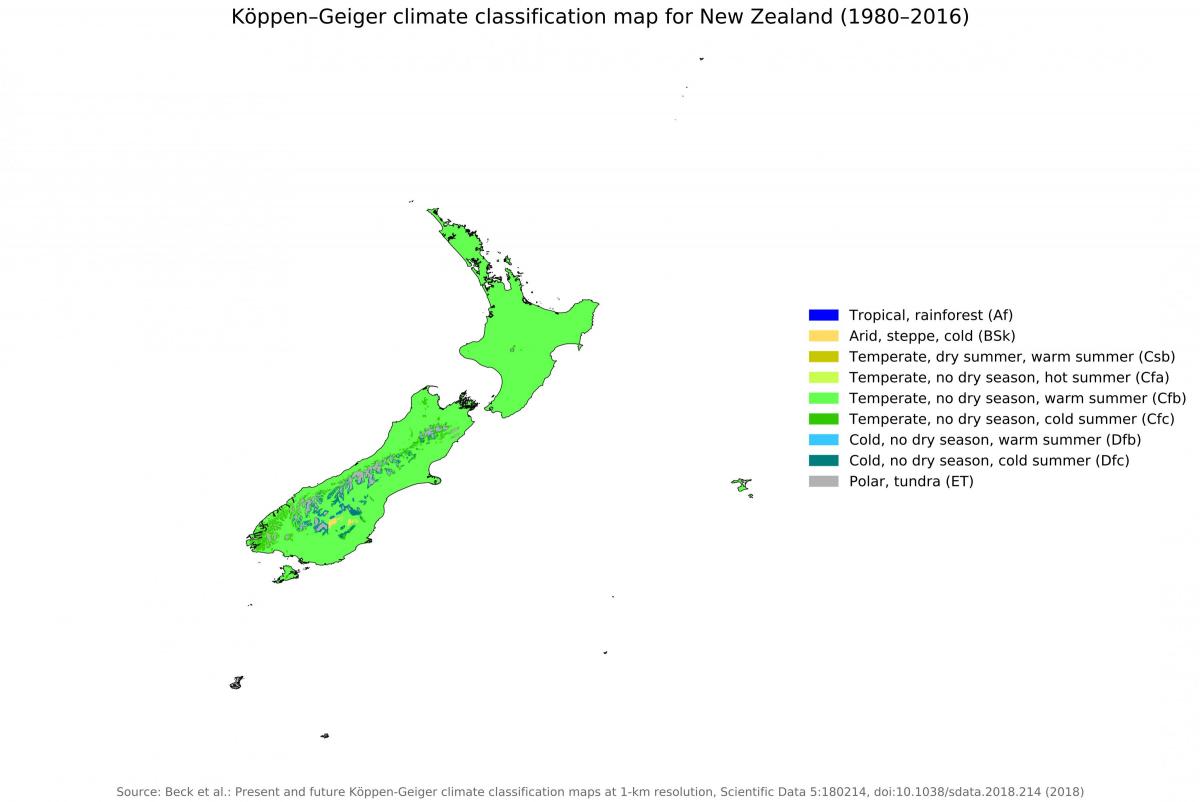 Temperatuurkaart van Nieuw-Zeeland