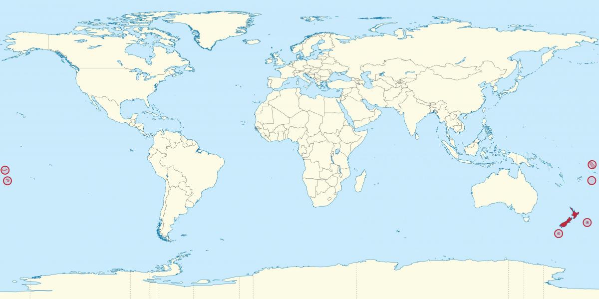 Locatie Nieuw-Zeeland op de wereldkaart