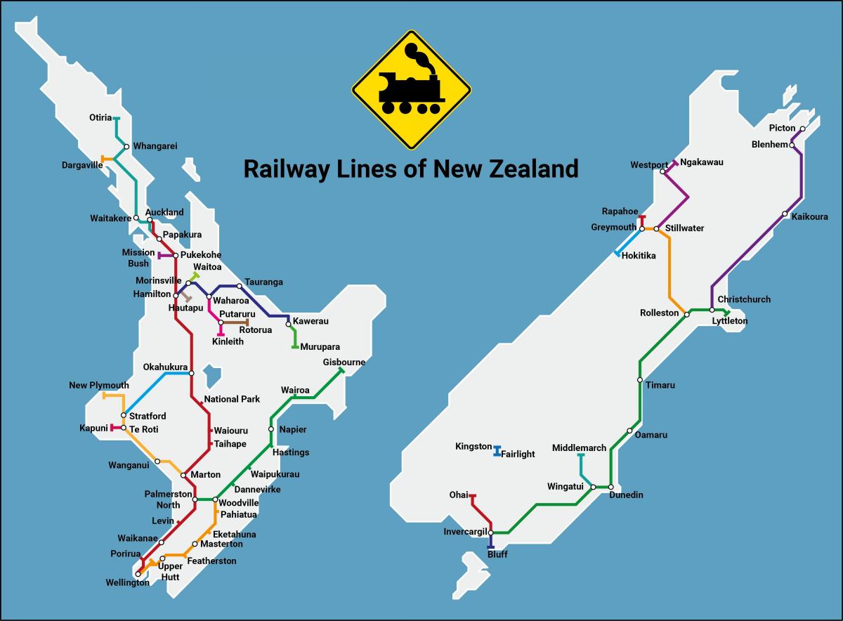 Kaart van de treinlijnen in Nieuw-Zeeland