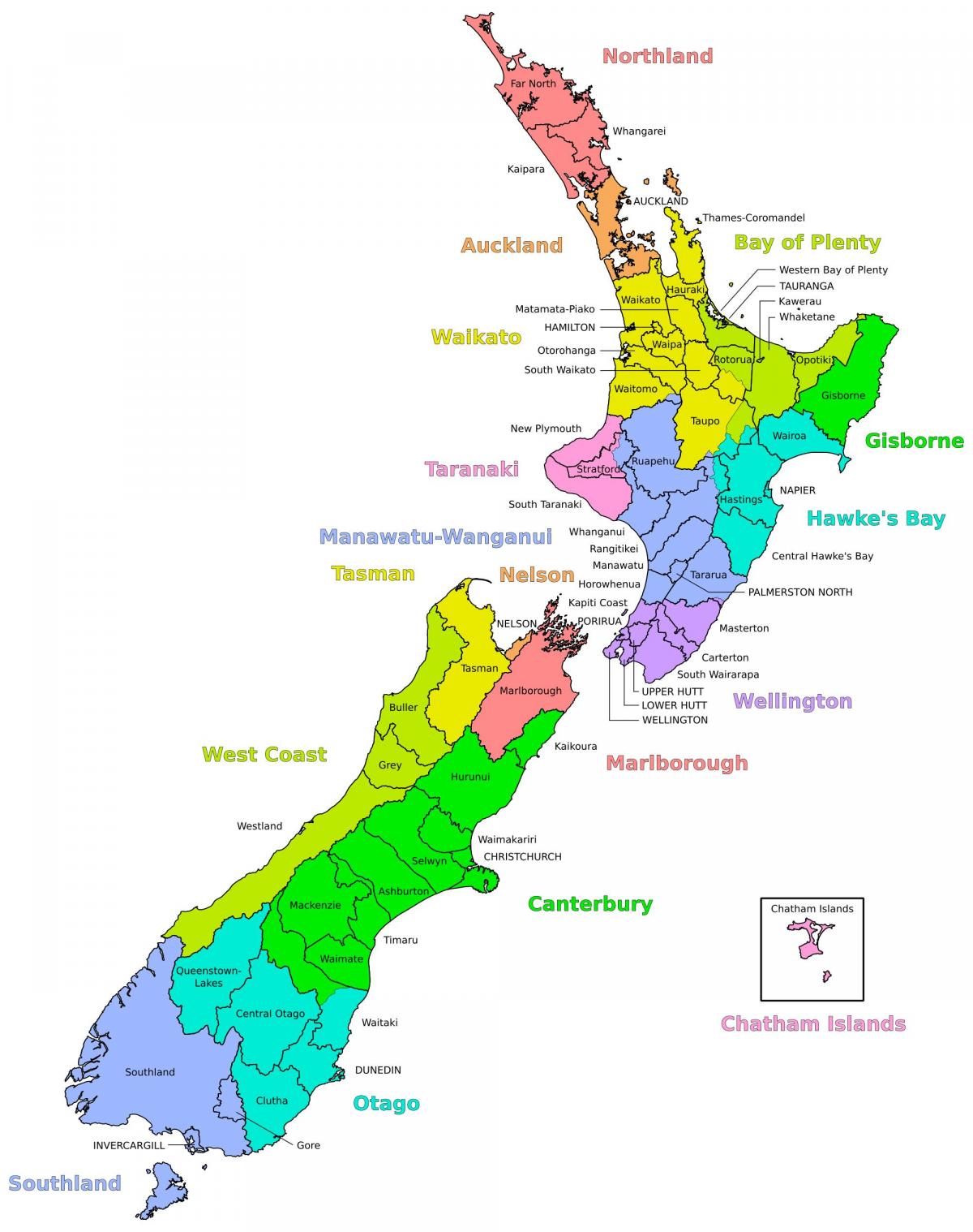 Kaart met Nieuw-Zeelandse gebieden