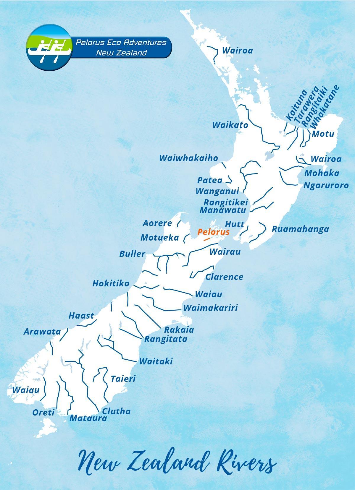 Rivieren in Nieuw-Zeeland kaart