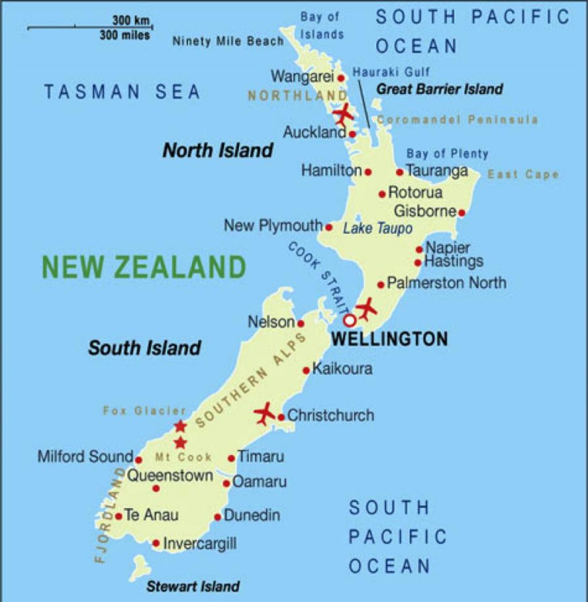 Kaart van de Nieuw-Zeelandse luchthavens